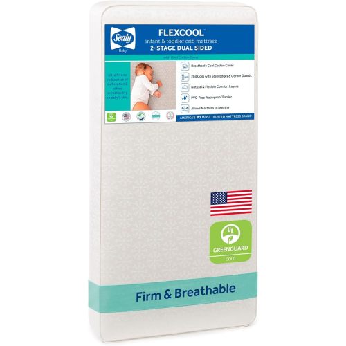 Sealy Baby Flex Cool 2 Stage Crib Mattress and Toddler Bed Mattress, Breathable Hybrid Coil Design, Waterproof Cotton Surface, GREENGUARD GOLD Certified, Standard 52x28 Size