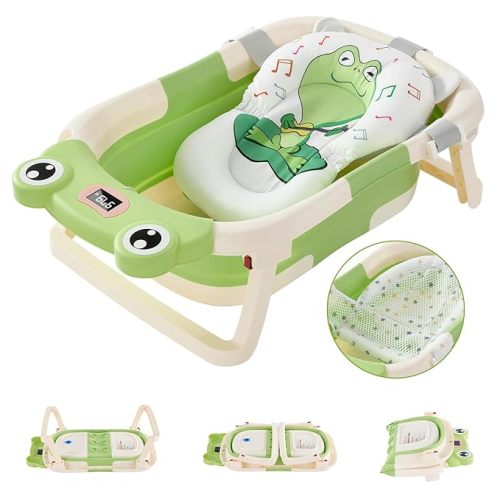 Foldable Baby Bathtub for Newborn to Toddlers, Foldable Bath Tub with Thermometer & Soft Cushion & Bath Net, Durable Portable Travel Bathtub with Drain Hole for Infants (Cute Green Baby Bathtub)