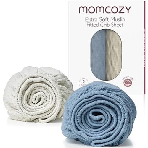 Momcozy Muslin Fitted Crib Sheet, 2 Pack Soft Breathable Natural Cotton 52"x28" Baby Mattress Sheet, 360° Mattress Wrapping No Slip Boys Girls Neutral Toddler Bed Sheet, Large, Blue & Grey