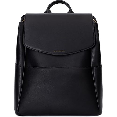 MIA + SOPHIA Leather Diaper Bag Backpack with USB Charging port, Changing Pad, Stroller Straps (Black Olivia)