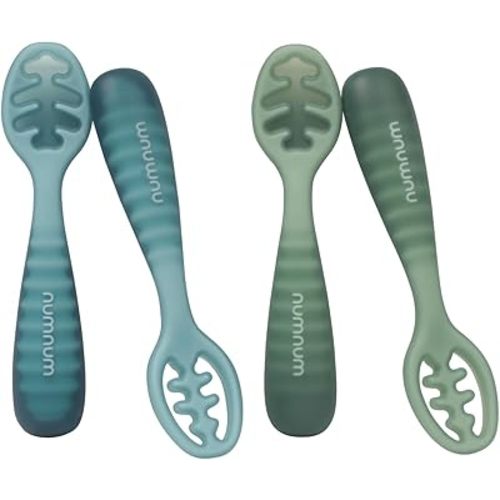 NumNum Baby Spoons Set, Pre-Spoon GOOtensils for Kids Aged 12+ Months - First Stage, Baby Led Weaning (BLW) Spoon - Self Feeding, Silicone Toddler Food Utensils - 1-Pack, 4 Spoons, Blue/Green