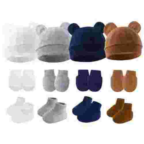Happy Cherry Newborn Hospital Hat Cotton Baby Boy Beanie Caps Infant Bear Ears Preemie Cap Preemie No Scratch Mittens Baby Girl Hat Mitten Sock Set 4 Pack for 0-6 Months(Caramel Navy Blue White Gray)