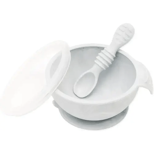 Bumkins Suction Silicone Baby Feeding Set, Bowl, Lid, Spoon, BPA-Free, First Feeding, Baby Led Weaning - Marble