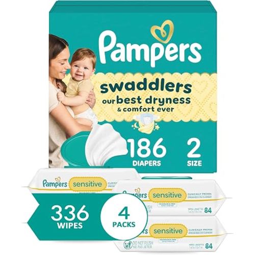 Diapers Size 2, 186 Count and Baby Wipes - Pampers Swaddlers Disposable Baby Diapers and Water Baby Wipes Sensitive Pop-Top Packs, 336 Count (Packaging May Vary)