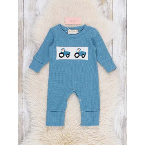 Blue Smocked Tractors Romper