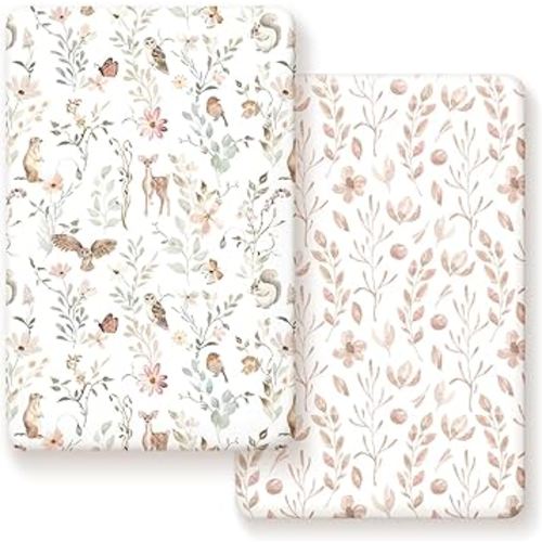 Pack n Play Sheets FItted 2 Pack, Blush Pink Floral and Cute Animals Print