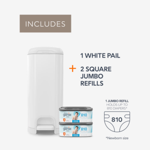 Diaper Genie Select Pail Registry Gift Set (White) | Made of Durable Stainless Steel Metal | Includes 2 Jumbo Refills | Holds 1620 Newborn Diapers