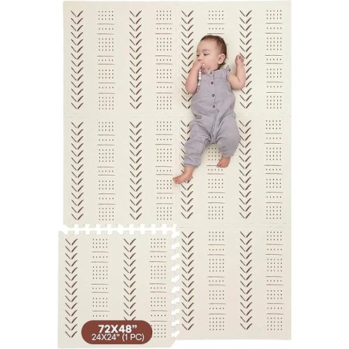 Childlike Behavior XL Baby Play Mat - 72 x 48-Inch Puzzle Play Mat with 6 Foam Floor Tiles - Interlocking Tummy Time Mat for Toddlers and Infants Play Pen - Waterproof and Soft Crawling Mat - Beige