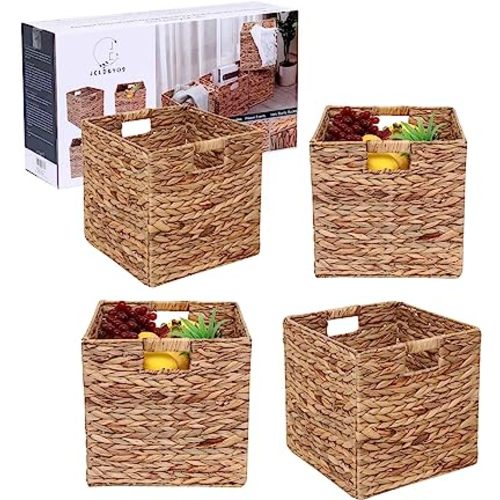 JCLD&YO9 Foldable Handwoven Water Hyacinth Storage Baskets Wicker Cube Baskets Rectangular Laundry Organizer Totes,Set of 4 Pcs,12x12x12inch