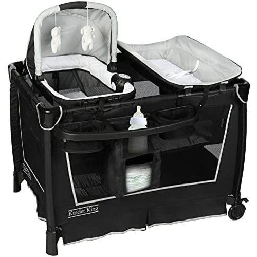 Kinder King 5 in 1 Portable Nursery Center, Foldable Playard for Baby & Toddler, Infant Pack n Play w/Bassinet, Mattress, Newborn Changing Table, Cradle, Travel Bag, Music Box, Storage Basket, Black