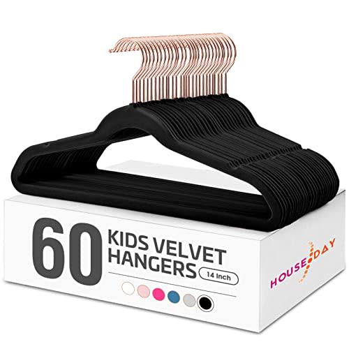 House Day Velvet Kids Hangers 60 Pack, Premium Children Hangers for Closet, Ultra Thin Cute Non Slip Kid Felt Clothes Hanger 14 Inch, Small Hanger for Toddler Clothes, Black