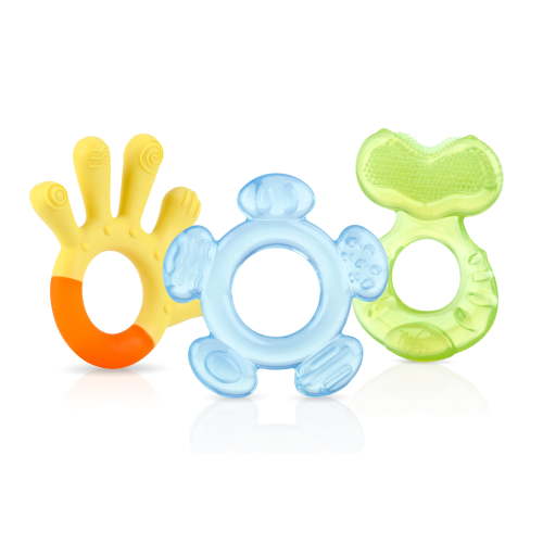 Nuby 3-Step Soothing Teether Set for Infants, Green/Blue/Yellow Unisex Teethers, 3 Count