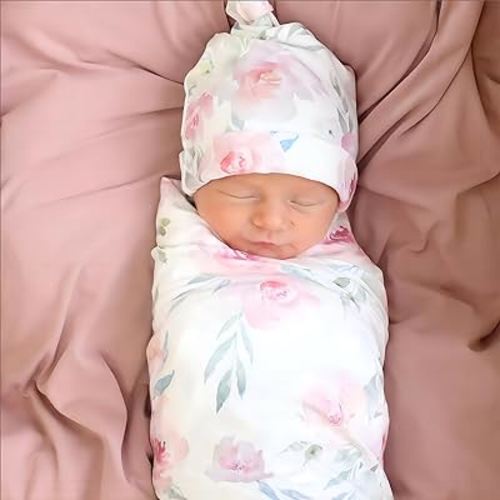 Baby Receiving Blanket Swaddle Blanket Newborn Wrap Swaddle Headband Set -Bloom Flower Pattern (Pink 3)