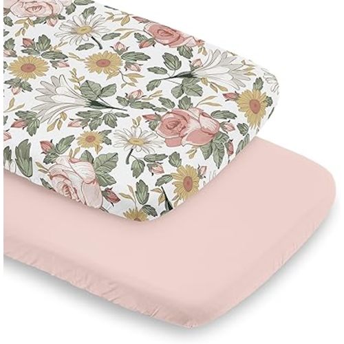 Sweet Jojo Designs Vintage Floral Boho Girl Baby Bassinet Sheets Fitted Sheet Set Infant Newborn Nursery Oval Rectangle Hourglass Mattress 2p Pink Green Yellow Bohemian Shabby Chic Farmhouse Leaf Rose