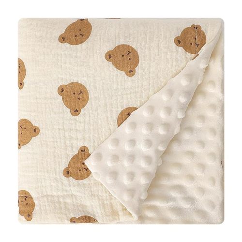 Fluffy-Backed Swaddle Blankets Baby Double Layer Muslin 100% Cotton Front Nursery Plush Dotted Fleece Back Receiving Bed Quilt Blanket for Unisex Newborn Baby Toddler Boys Girls 30 x 41 Inches - G - Teddy Bear - 30" x 41" ( 75 x 105cm )