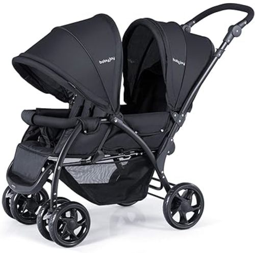 BABY JOY Double Stroller, Foldable Lightweight Twin Stroller with Tandem Seating, Adjustable Backrest/Canopy/Footrest, 5-Point Harness, Storage Basket, Double Stroller Newborn and Toddler (Black)