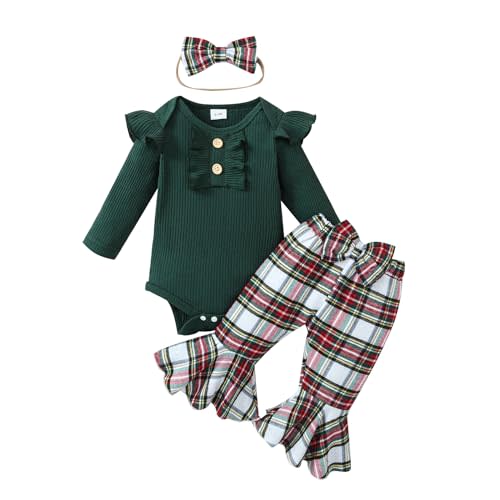 Kuriozud Newborn Baby Girl Bell Bottom Outfit Ruffle Romper Cute Bow Flare Pants Set Headband Cute Clothes