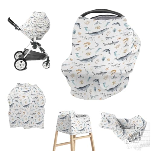 EyMzcod Baby Boys 5-in-1 Car Seat Covers Under Water Sea Animals, Ocean Creature Whale Fish Multi-use Privacy Nursing Breastfeeding Cover, Marine Life Carseat Canopy Carrier Newborn Infant Shower Gift