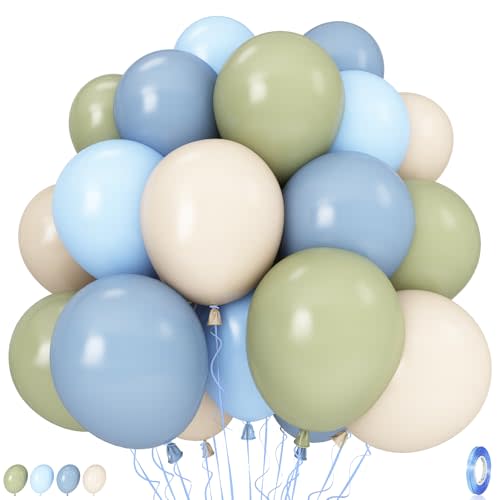 Sage Green and Blue Balloons, 35PCS Olive Green Dusty Blue Beige Cream Latex Balloon, Baby Boy Shower Balloons for Kids Rabbit Theme Baby Shower Birthday Boho Bridal Wedding Party Decorations Supplies