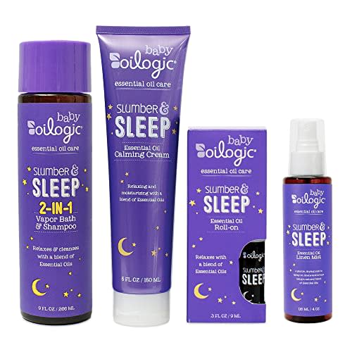 Oilogic Baby Essentials - Baby Bath - Slumber & Sleep Gift Set 4-Pack - Roll-On Essential Oil 3 oz, Calming Cream, Vapor Bath & Linen Mist - Made with Lavender and Chamomile Essential Oil