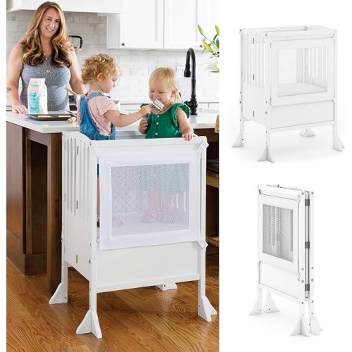 Guidecraft Contemporary Double Kitchen Helper® Stool - White: Extra-Wide Foldable Safety Tower for Two Toddlers; Adjustable Height, Wooden Counter Step Stool | Little Kids Learning Furniture