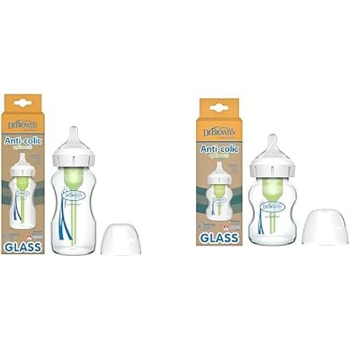 Dr. Brown's Anti-Colic Options+ Wide-Neck Glass Baby Bottles, 9 oz & 5 oz with Level 1 Slow Flow Nipples, 2 Pack