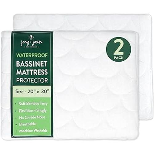 Joey + Joan Waterproof Bassinet Mattress Pad Cover Compatible with Graco Bassinets & Travel Lite Crib – 2 Pack Quilted Mattress Protector Made from Ultra Soft Bamboo Viscose Terry – 20" x 30"