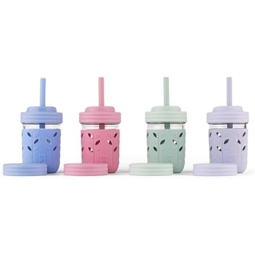 Elk and Friends Kids & Toddler Cups | The Original Glass Mason jars 8 oz with Silicone Sleeves & Silicone Straws with Stoppers | Smoothie Cups | Spill Proof Sippy Cups for Toddlers
