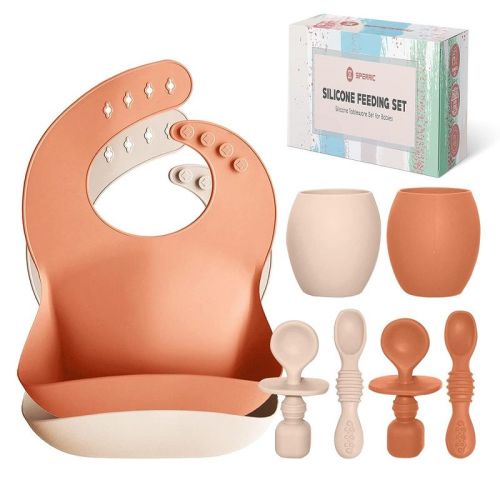 Baby Silicone Feeding Set - Baby Led Weaning Utensils, Silicone Bibs, Infant Feeding Cups Toddlers Smooth Material For Practical Eating, Set Of 8
