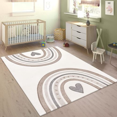 Paco Home Kids Rug with Rainbow & Hearts for Nursery in Cream Beige, Size: 7'10" x 11'2"