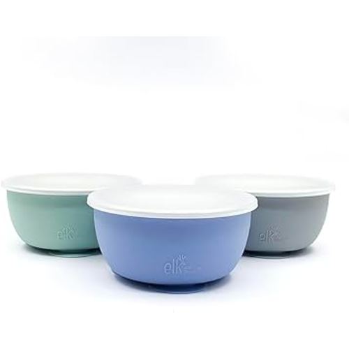 Elk and Friends Stainless Steel Bowls with Silicone Sleeve for Babies & Toddlers | Lids Included | Stay Put Suction | Cereal & Snack Bowls | 3 Pack…