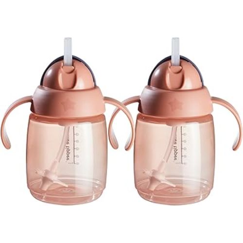 Tommee Tippee Superstar Weighted Straw Cup, 6m+, 10oz, Pack of 2 Spill-Proof Training Cups for Toddlers, Pink, Leak and Shake-Proof, Easy-Hold Handles and BPA Free