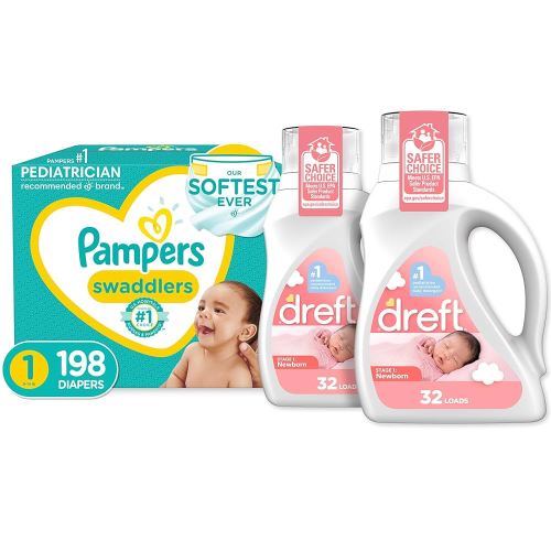 Baby Diapers Newborn/Size 1 (8-14 lb), 198 Count and Baby Laundry Detergent Pack of 2 - Pampers Swaddlers, One Month Supply & Dreft Stage 1 Newborn Hypoallergenic 50 Fl Oz (Packaging May Vary)