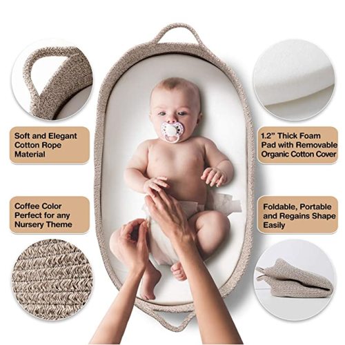 Baby Changing Basket - Moses Basket Changing Table Topper and Thick Foam Pad with Removable Cotton Mattress Cover, 100% Cotton Boho Nursery Decor in Coffee Color with Storage Bag