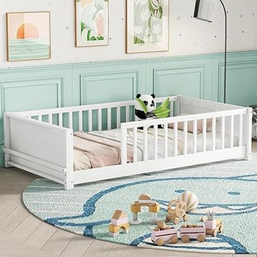 MERITLINE Twin Size Floor Bed with High Safety Guardrails for Kids, Solid Wood Montessori Floor Bed with Opening, Twin Playhouse Bedframe for Baby Girls and Boys, White