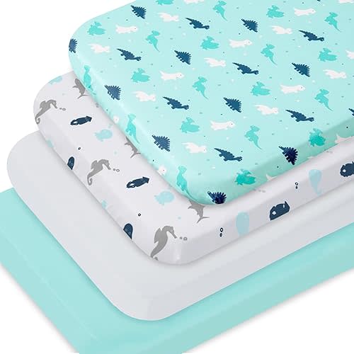 Bassinet Fitted Sheets 4 Pack Compatible with YADAQE Baby Bassinet, Foalom, Besrey, Evolur Stellar, Jimglo, Milliard and TCBunny Bassinet, Ultra Soft and Skin-Friendly, Aqua Dinosaurs & White Ocean
