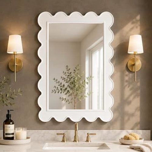 CAALMA Scalloped Wall Mirror 24 x 36 Rectangular, Bathroom Mirror, Mirrors for wall Decor, Wooden Frame Mirrors for wall, Decorative Vanity Mirror, Nursery Decor, Entryway Mirror (White)