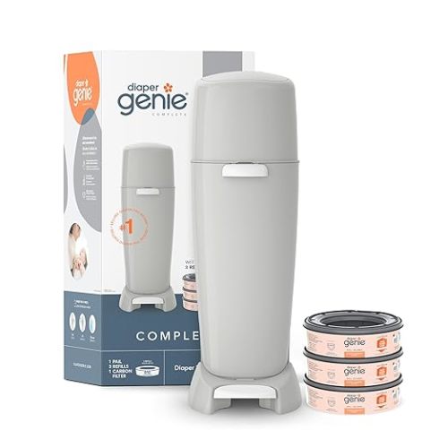 Diaper Genie Complete Diaper Pail (Grey) with Odor Control | Includes 1 Diaper Trash Can, 3 Refill Bags, 1 Carbon Filter, 4 Piece Set - Pail + 3 Refill