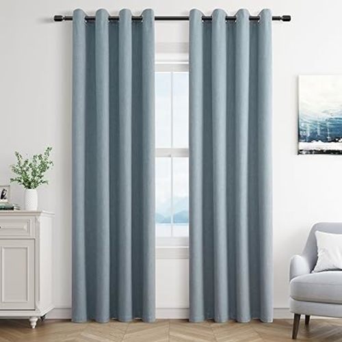 Dark Blue Linen Blackout Curtains 84 Length 2 Panels Set for Living Room Bedroom, 100% Black Out Thermal Insulated Linen Drapes, Room Darkening Grommet Curtains 84 Inches Long, Dark Blue