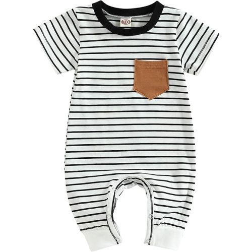 Newborn Baby Boy Romper Short Sleeve Crew Neck Stripe Button Jumpsuit with Pockets One Piece Summer Clothes Outfit