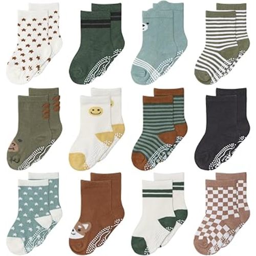 The Peanutshell Organic Baby Socks for 3-12, 12-24 Months Baby Unisex - Non-Slip Grip, 100% Cotton Baby Crew Socks - Neutral