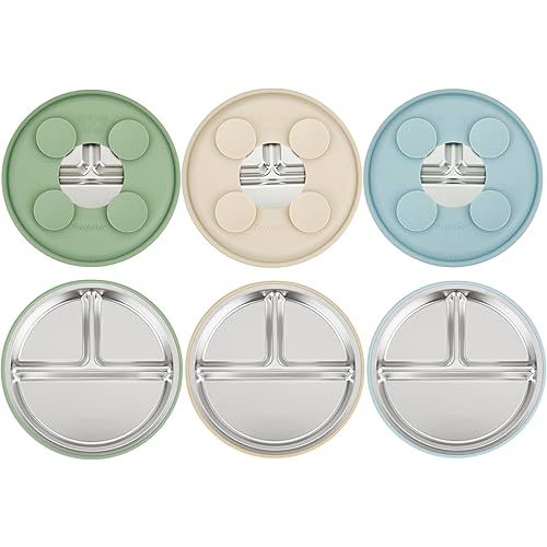 PandaEar 3 Pack Stainless Steel Baby Suction Plates, Divided Toddler Plate for Baby Led Weaning Supplies, Non-Slip Toddler Baby Feeding Set Dishwasher Safe