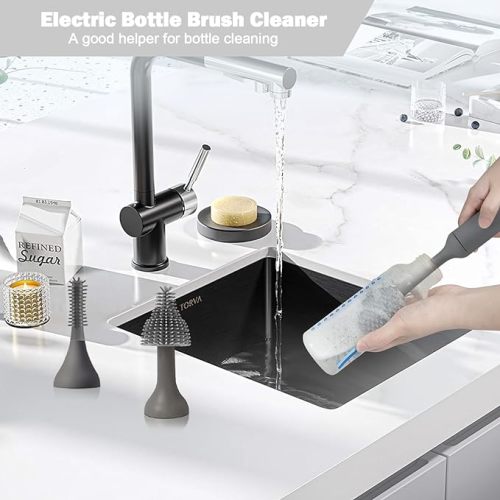 Electric Baby Bottle Brush Set with Rechargeable Electric Bottle Brush Cleaner and Replaceable Silicone Bottle Brushes and Straw Brush Cleaner, Waterproof Multi-Purpose Cleaning Brush(Grey)