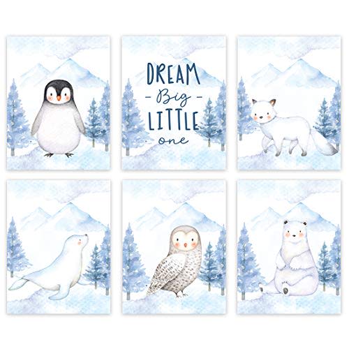 Andaz Press Nursery Kids Room Winter Wonderland Arctic Animals Unframed Wall Art Poster Home Decor Gift, 8.5x11-inch, Dream Big Little One, You Are So Loved, Penguin, Owl, 6-Pack, No Frames