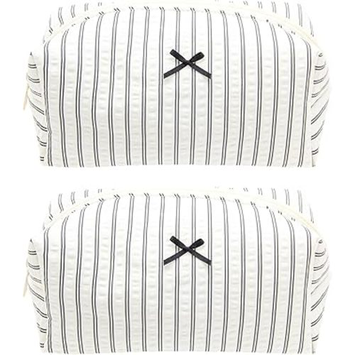 PAZIMIIK 2PCS Cozy Makeup Bag Small Aesthetic Travel Zipper Cosmetic Pouch for Women Make Up Beauty Accessories Brushes, Stripe Black