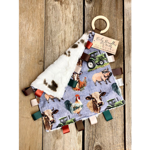 Farm Animal Embroidery Tag Lovey with Silicone Teething Ring