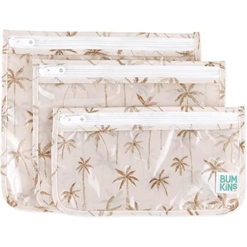 Bumkins Travel Bag, Toiletry, TSA Approved Pouch, Zip Bag, Quart Size Airline Compliant, Clear-Sided, Baby, Diaper Bag Organization, Makeup, Accessories, Packing, Set of 3 Sizes, Palm Trees