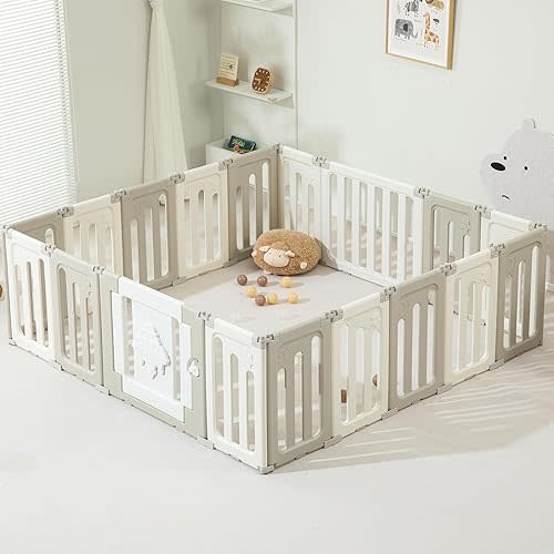 Baby Play Pen, 18 Panels Extra Large Baby Playpen, Foldable Play Pens for Babies and Toddlers, UFO Portable Kids Fence Gate Playpen Play Yard, Grey