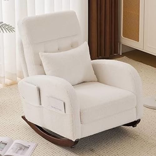 VINGLI Rocking Chair, Boucle Upholstered Nursery Glider Chair with Side Pockets, Accent Arm Chair with High Backrest,Comfy Head Rest, and Solid Wood Base for Living Room Bedroom Balcony,Beige