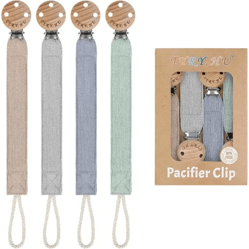 TYRY.HU Ribbon Pacifier Clip Holder,4 Pack Binky Paci Holder Clips, Pacifier Leash for Boys and Girls, Soft Webbing Strap Universal Fits for Most Pacifier, Styles & Teethers(Khaki,Grey,Blue,Green)